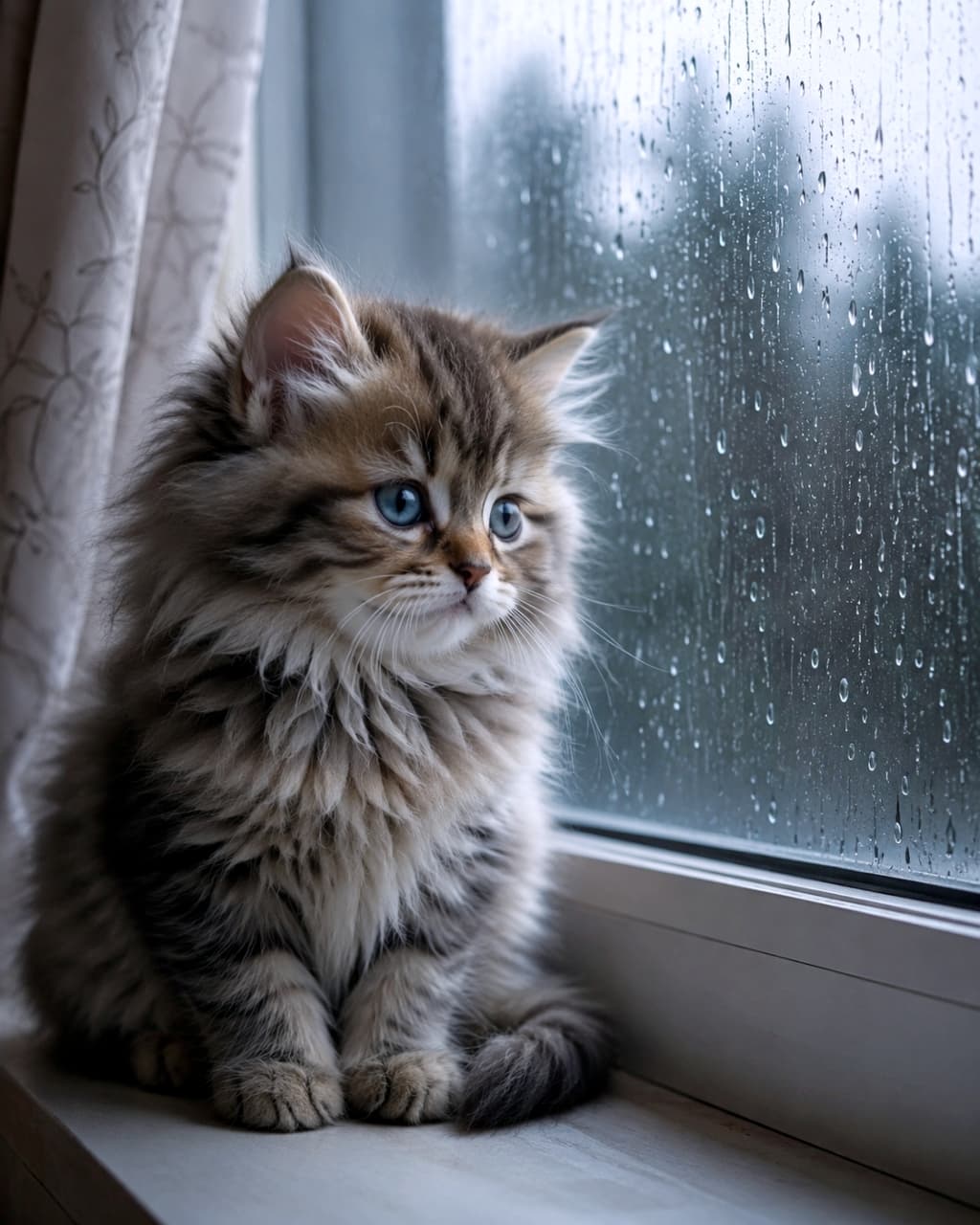 「雨の日☔️も君と一緒ならへっちゃら！窓辺でたそがれるふわふわ子猫にキュンとしちゃう🐱💕」Ultra-realistic high-quality photograph of a fluffy tabby kitten sitting by a window covered in raindrops, looking outside. 雨の降る窓辺に座り、外を見つめる長毛のキジトラ子猫。窓ガラスには雨粒がつき、薄暗い背景に対して子猫の毛並みがふんわりと描写されている、超リアルで高品質な写真