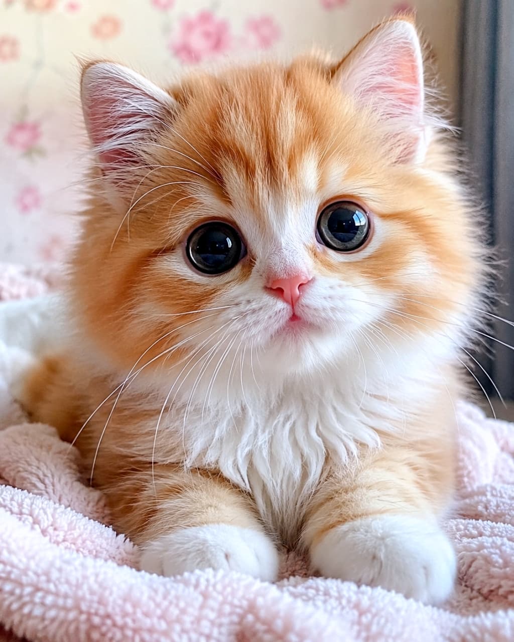 「見つめられたら最後…🥺💕ビー玉みたいな大きな瞳のふわもこ子猫からもう目が離せない！🐈✨」Ultra-realistic high-quality photograph, a close-up of a fluffy orange and white kitten resting on a pink towel with huge, expressive round eyes. ピンクのタオルの上でくつろぐ、茶白の長毛子猫の顔のクローズアップ。ビー玉のように丸くて大きな瞳が印象的な、超リアルで高品質な写真