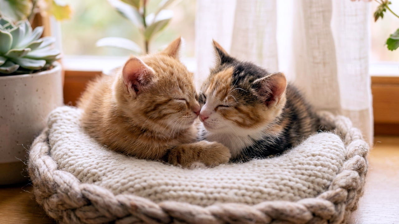 「ポカポカ窓辺の特等席でお昼寝☀️ バスケットにすっぽり収まる子猫たちに胸キュン間違いなし！🧺💕」Ultra-realistic high-quality photograph of a ginger and a calico kitten sleeping together in a woven basket by a sunny window. 窓際の植物の隣にある丸い編み込みバスケットの中で、仲良く丸まって眠る茶トラと三毛の子猫