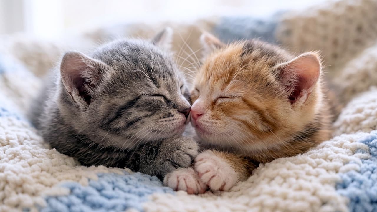 「お鼻をこつんっ🐾 ニットに包まれてスヤスヤ眠る子猫たち。どんな夢を見ているのかな？🧶💤」Ultra-realistic high-quality photograph of a grey tabby and a ginger kitten sleeping with their faces together on a blue and white knitted blanket. 青と白の温かみのあるニットブランケットの上で、顔を寄せ合って幸せそうに眠るサバトラと茶トラの子猫