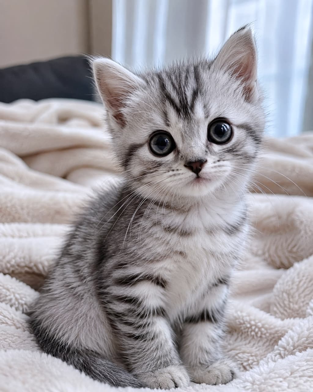 「あまえんぼモード突入！？🥺ふわふわ毛布と可愛い子猫の組み合わせは反則級の癒やしです🐈💤」Ultra-realistic high-quality photograph of an adorable silver tabby kitten sitting on a soft beige blanket, looking directly at the camera. ふかふかのベージュの毛布の上にちょこんと座る、シルバータビーの子猫。クリクリの大きな目で見つめてくる、超リアルで高品質な写真