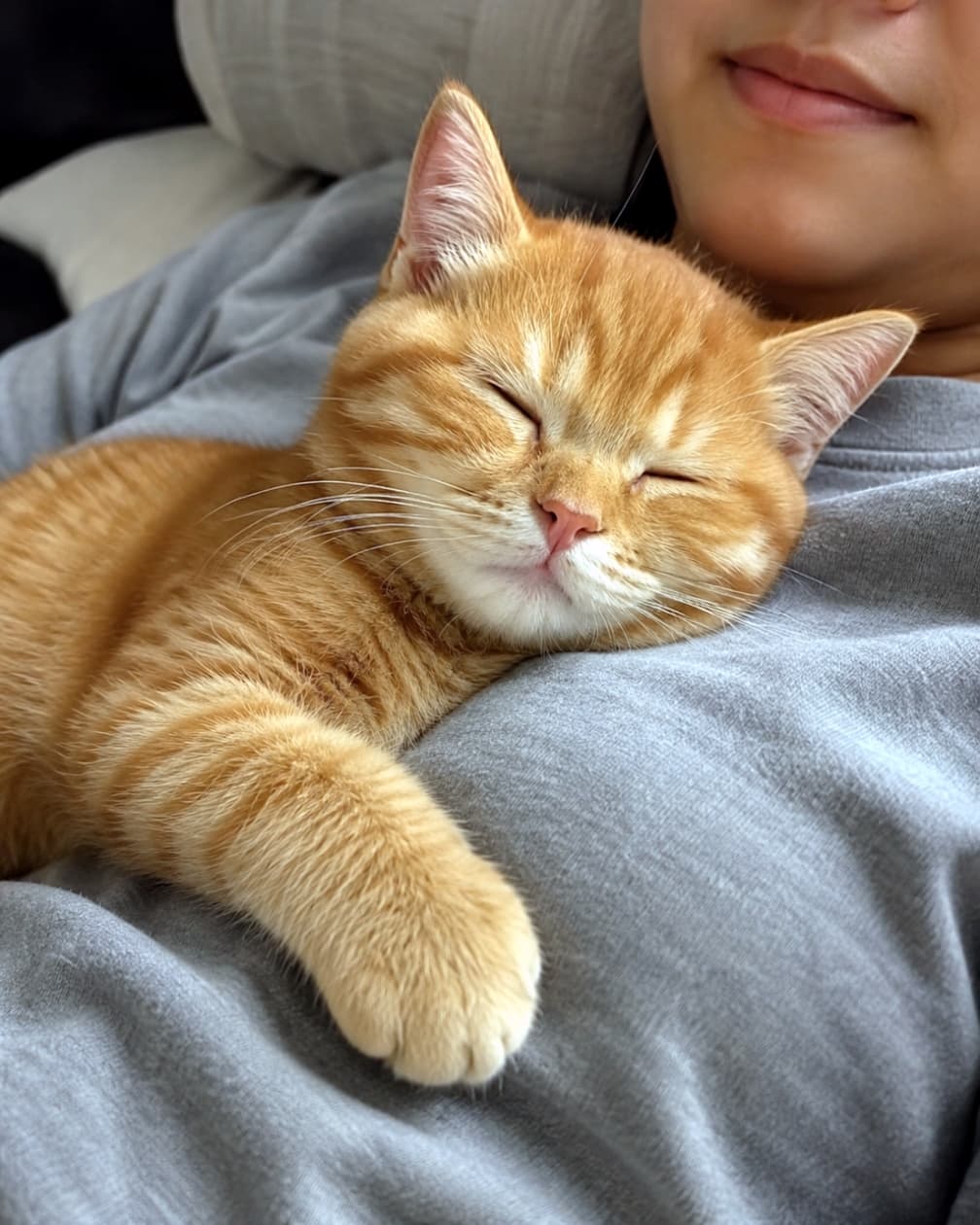 「飼い主さんのぬくもりが一番のベッド🛌💤安心しきった寝顔に今日の疲れも吹き飛びますね🍃 #茶トラ #猫のいる暮らし」Ultra-realistic high-quality photograph of an orange tabby kitten sleeping peacefully on the chest of a person wearing a grey shirt, with one paw extended. グレーの服を着た人の胸の上で、前足を伸ばして安心しきった表情で眠る茶トラの子猫