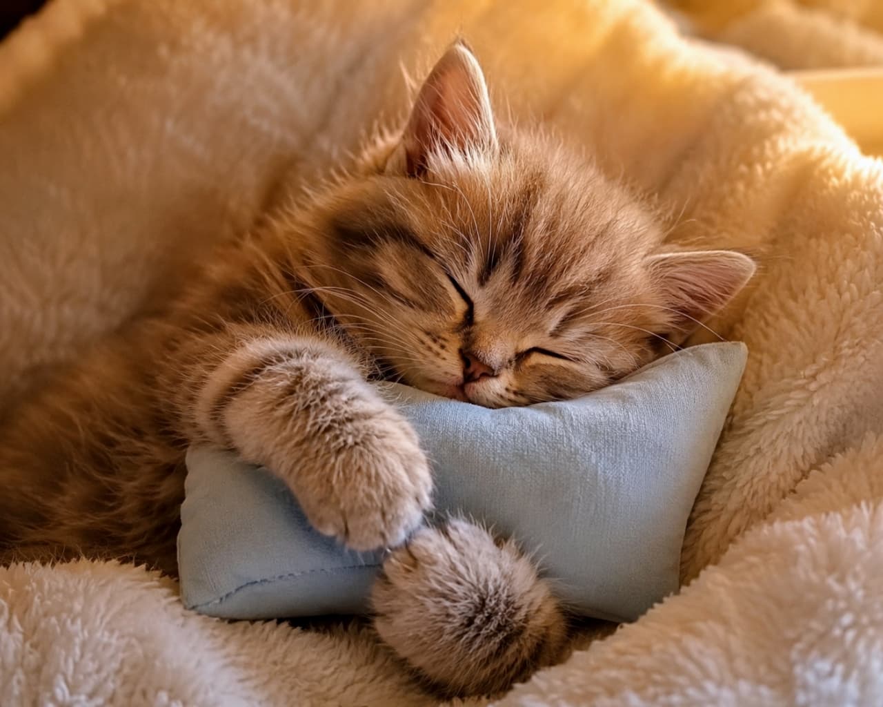 「小さな枕をギュッとしてスヤスヤ…💤 どんな素敵な夢を見ているのかな？💭💖 #お昼寝猫 #癒し時間」An ultra-realistic high-quality photograph of a sleeping tabby kitten hugging a small light blue pillow on a soft blanket, bathed in warm light. 柔らかな毛布の上で、水色の小さな枕を前足で抱きしめて眠る茶トラの子猫。暖色系のふんわりとした光に包まれた高品質な写真