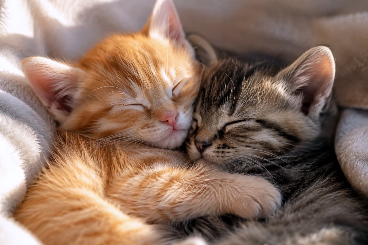 「ぽかぽかお昼寝タイム☀️仲良くくっついて眠る2匹の子猫から、最高の幸せをおすそ分け🐈🐈💤」Ultra-realistic high-quality photograph of two adorable kittens, an orange tabby and a brown tabby, sleeping soundly snuggled together in warm sunlight. 暖かい陽だまりの中で、茶トラとキジトラの子猫が身を寄せ合ってぐっすりと眠っている、超リアルで高品質な写真