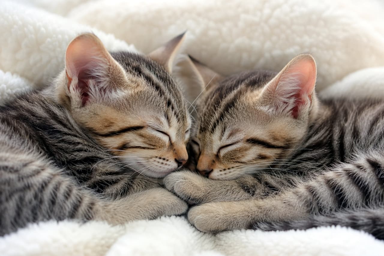 「もこもこ毛布でぬくぬくお昼寝中💤手を取り合って眠るキジトラの兄弟が可愛すぎて尊い……！🥺💕」An ultra-realistic high-quality photograph of two sweet brown tabby kittens curled up together and sleeping soundly on a clean white fluffy fleece blanket, capturing warm light and cozy details. 清潔感のある白いもこもことしたフリース毛布に包まれ、2匹のキジトラ（ブラウンタビー）の子猫が頭を優しく寄せ合い、前足を重ねるようにしてすやすやと眠っている温かみのあるクローズアップ写真
