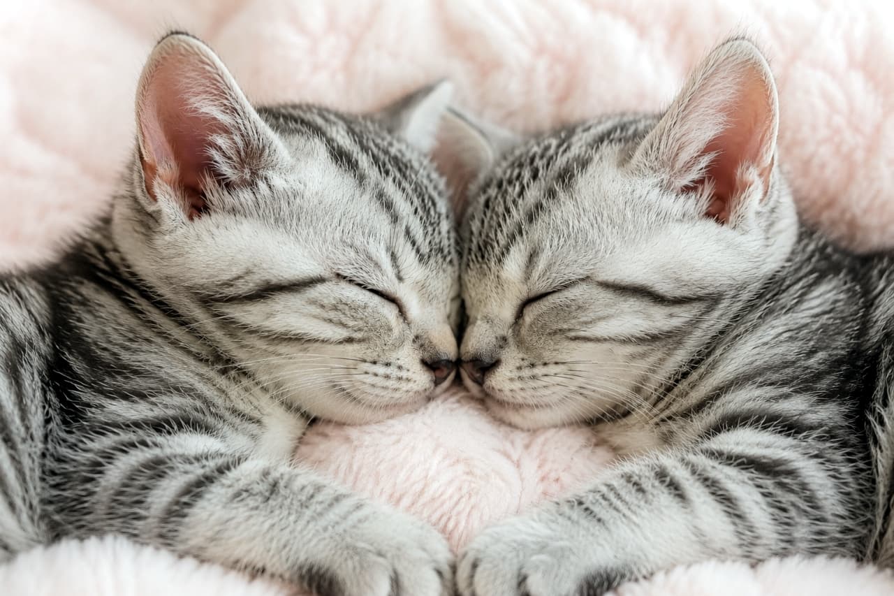 「まるでハートの形みたい！シンメトリーに眠るシルバータビーの子猫たちに癒やされちゃう極上ショット📸✨」An ultra-realistic high-quality photograph of two adorable silver tabby kittens sleeping peacefully face-to-face in a perfect symmetrical composition on a soft pink fluffy blanket, detailed close-up shot. 薄ピンク色の柔らかいボア毛布の上で、2匹のシルバータビー（銀灰色の縞模様）の子猫が顔をぴったりと寄せ合い、美しい左右対称（シンメトリー）の構図で目を閉じて幸せそうに眠っているクローズアップ写真