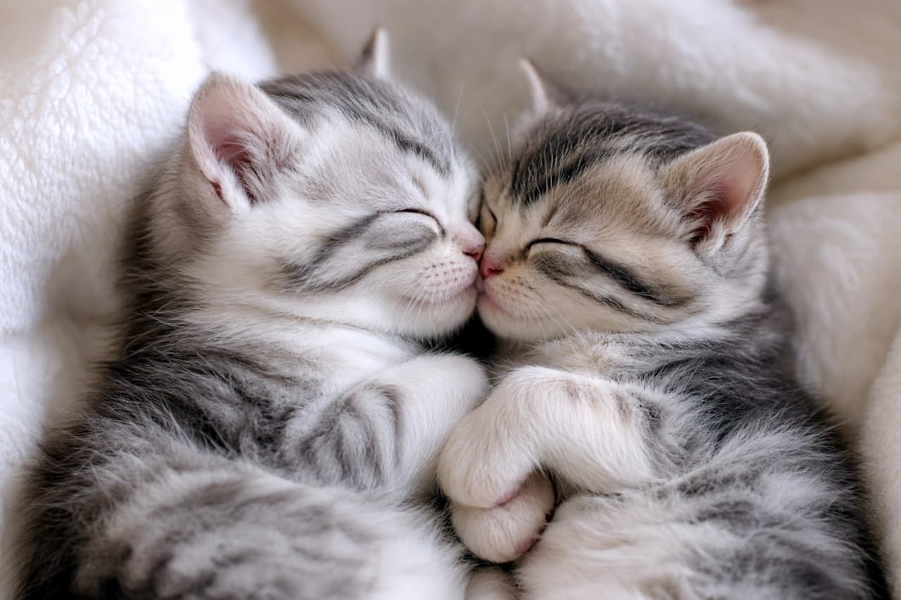 「仲良しきょうだいのお昼寝タイム💤 ぴったりくっついて夢の中…ふわふわの寝顔に癒される〜☁️🐈」Ultra-realistic high-quality photograph of two silver tabby kittens sleeping soundly and hugging on a fluffy white blanket. ふわふわの白いブランケットの上で、身を寄せ合いぴったりとくっついて眠る2匹のシルバータビーの子猫