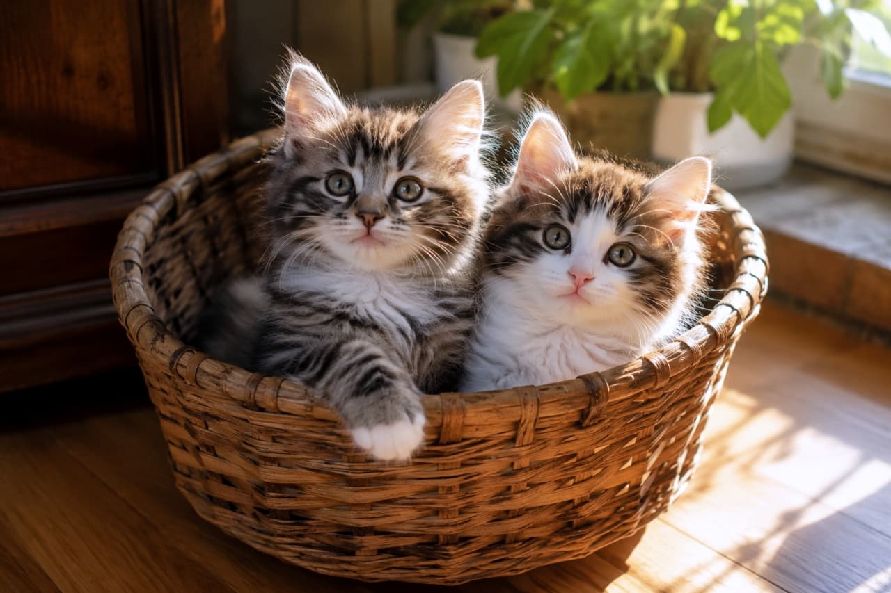 「カゴにすっぽり🧺 仲良しコンビの可愛さも2倍！一緒だと安心だニャン🐱🐱✨ #多頭飼い #猫のいる生活」An ultra-realistic high-quality photograph of two fluffy tabby and white kittens relaxing together in a wicker basket, bathed in warm sunlight. 日差しの差し込む部屋で、籐のバスケットに2匹で身を寄せ合って入っている長毛キジトラ白の子猫たち。温かい光に包まれた高品質な写真