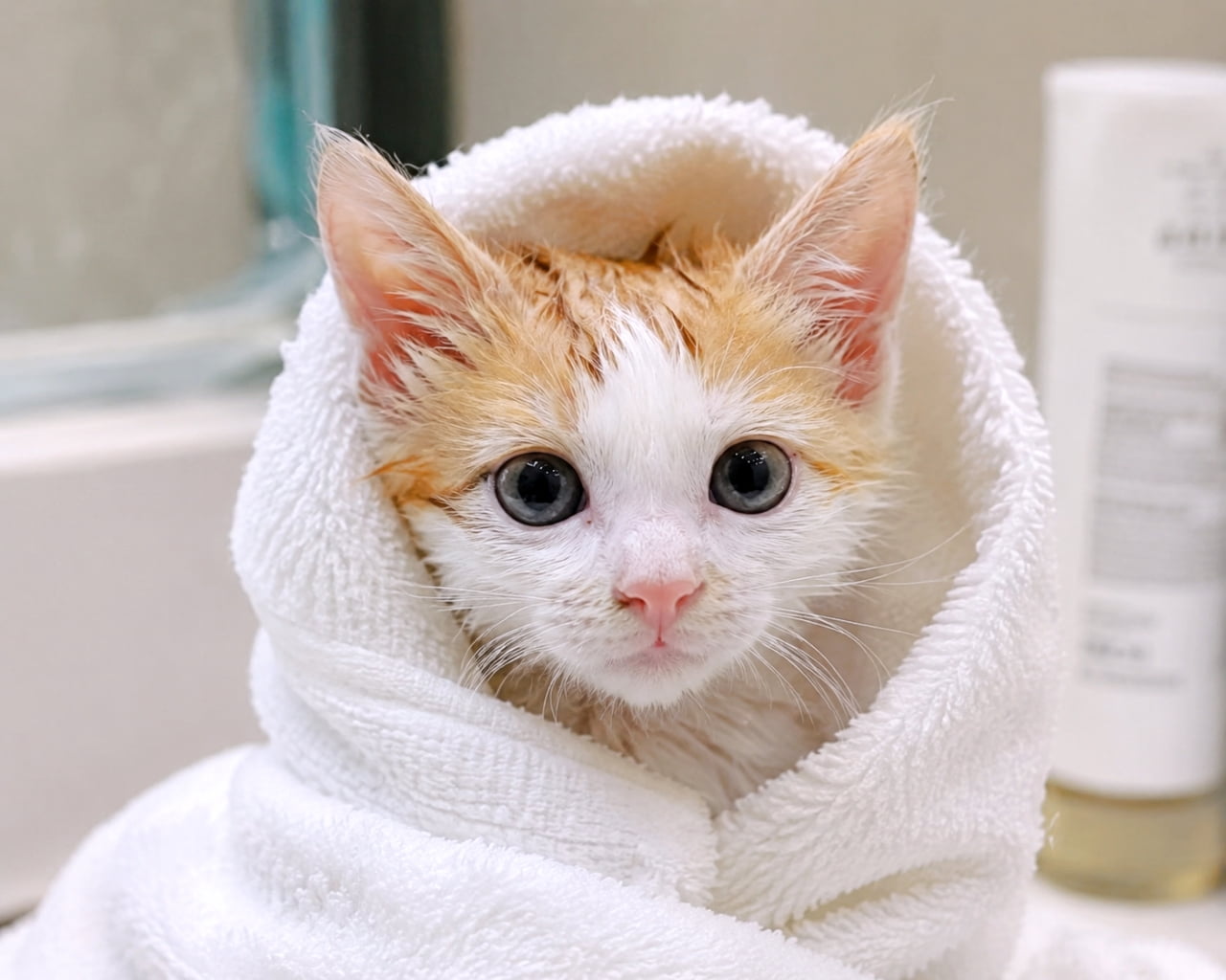 「お風呂頑張ったにゃ🛁✨タオルにくるまれたぽつんと感がたまらない、愛おしさ100%の1枚🐱💖」Ultra-realistic high-quality photograph of a cute orange and white kitten wrapped in a white towel after a bath, looking at the camera with big round eyes. 白いタオルにすっぽりと包まれた、お風呂上がりのような白茶の子猫。大きな丸い瞳でカメラを見つめる、超リアルで高品質な写真