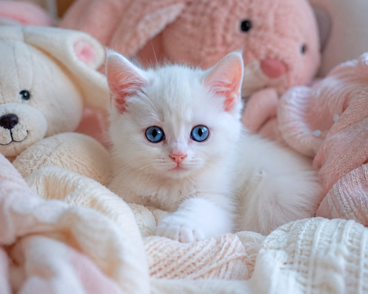 「まるでぬいぐるみ！？🧸 まっ白ふわふわな天使が舞い降りました☁️🪽 #白猫 #ブルーアイ」An ultra-realistic high-quality photograph of a pure white kitten with clear blue eyes sitting among pink plush toys and soft blankets in a pastel setting. ピンク系のぬいぐるみや柔らかな毛布に囲まれて座る、透き通るような青い目をした真っ白な子猫。全体的にパステル調でまとめられた高品質な写真