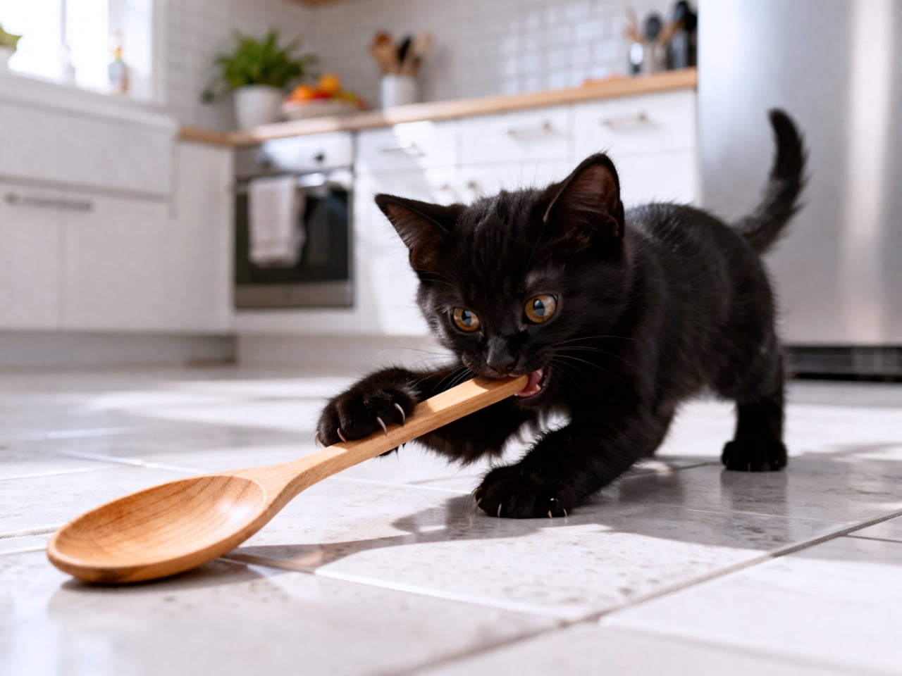 「キッチンに転がるスプーンが最高のおもちゃに！夢中でかじって遊ぶ黒猫ちゃんの無邪気さにほっこりする一枚です🐾」A playful black kitten in a bright modern kitchen bites and bats at a wooden spoon on a sunlit tiled floor, with soft natural light and a clean minimalist background. 明るくモダンなキッチンで、日差しの差し込むタイル床の上にある木製スプーンにじゃれつき、かじる黒い子猫の様子。清潔感のあるミニマルな空間