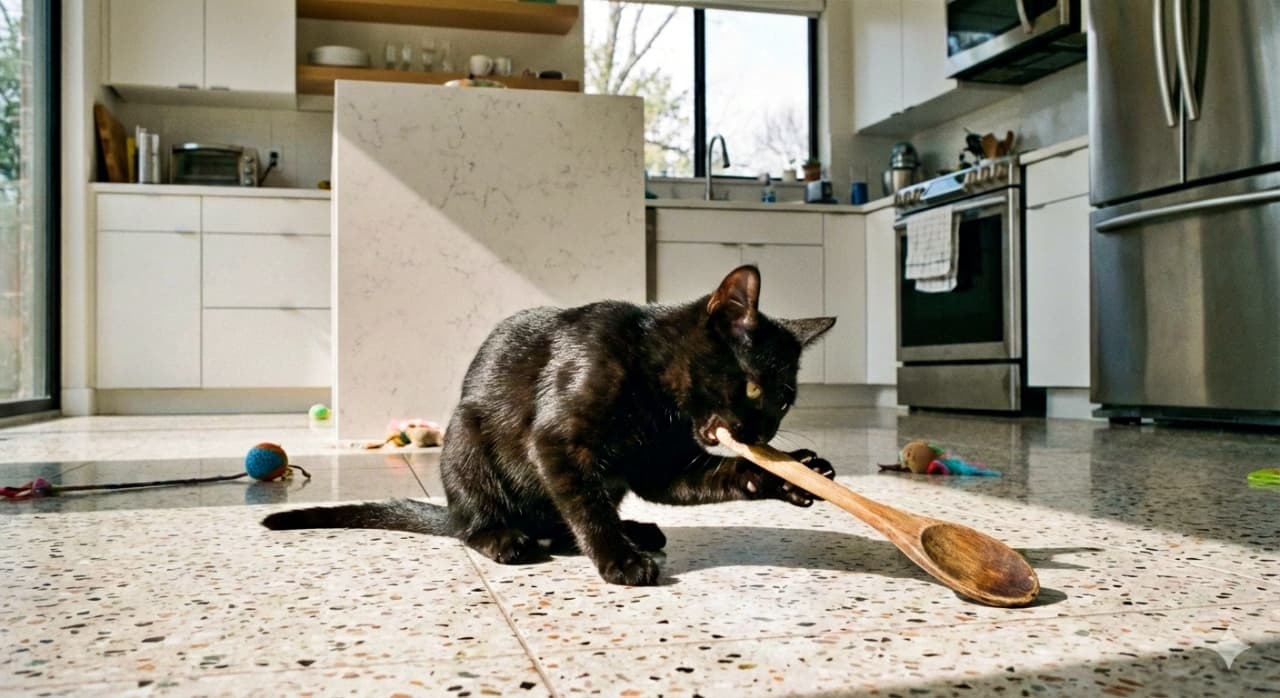 A sleek black kitten sits on a speckled tile floor in a bright, modern kitchen, playfully batting and biting the end of a wooden spoon. Colorful cat toys surround it, and natural light from large windows enhances the cheerful atmosphere. 明るくモダンなキッチンの斑点模様のタイル床で、黒く艶やかな子猫が木製スプーンの先をじゃれながら噛んでいる。周囲にはカラフルなおもちゃが散らばり、大きな窓から差し込む自然光が陽気な雰囲気を引き立てている