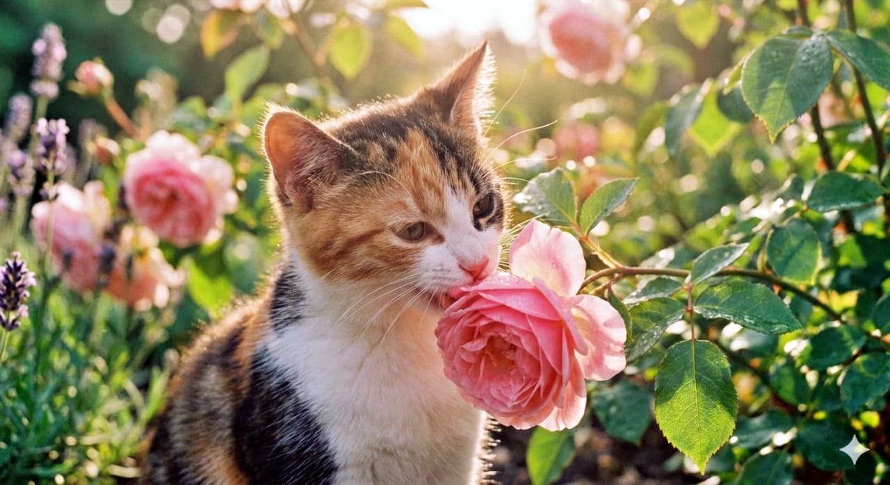 A soft-focus image of a calico kitten gently biting the petal of a blooming pink rose in a sunlit garden. The warm light and surrounding foliage create a serene, intimate atmosphere. 日差しの差し込む庭で、三毛の子猫が咲いたピンクのバラの花びらをそっと噛んでいる、柔らかな印象の写真。穏やかな光と緑に包まれた、静かで親密なひとときを捉えている