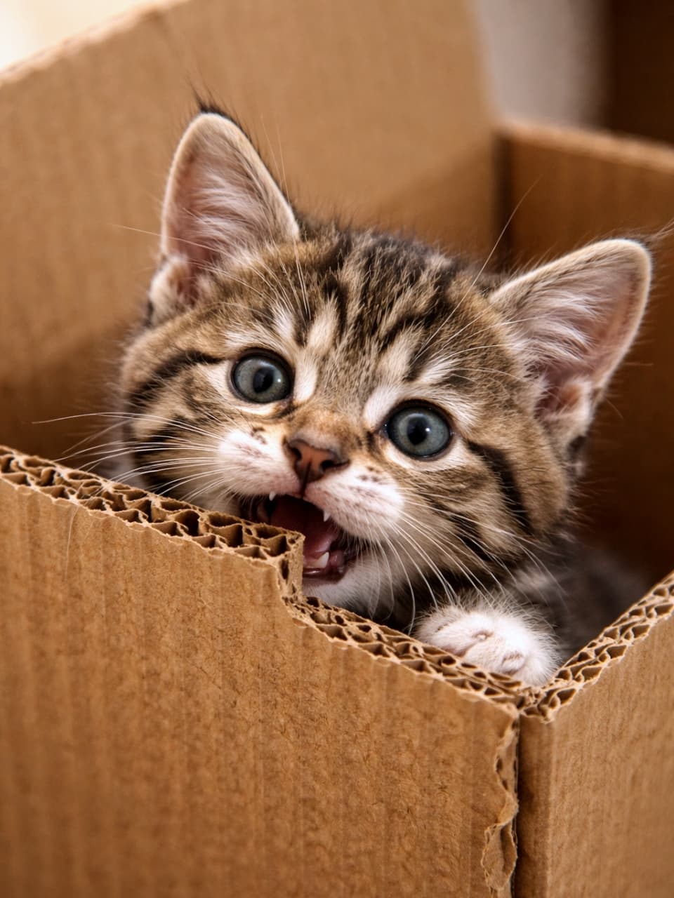 「段ボールのギザギザに夢中な子猫。ひょこっと顔を出してカミカミする姿が、やんちゃでたまらない可愛さです🐾」A close-up of a curious tabby kitten peeking out of a cardboard box, gently chewing on the corrugated edge with detailed texture visible. 段ボール箱から顔を出した好奇心旺盛なキジトラの子猫が、波状の断面をかじっている様子のクローズアップ