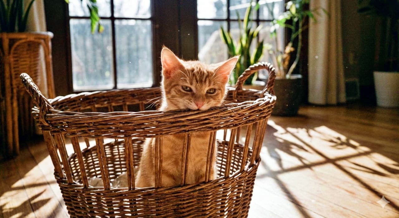 A ginger kitten sits inside a wicker laundry basket, gently biting its woven edge. Sunlight pours through a nearby window, casting dramatic shadows of plants and frames across the wooden floor. 籐製のランドリーバスケットの中に座る茶トラの子猫が、編み込まれた縁をそっと噛んでいる様子。窓から差し込む日差しが植物や窓枠の影を床に映し出し、印象的な光と影のコントラストを生み出している