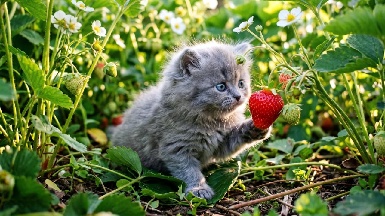 「これ、もう食べ頃かにゃ？🍓🐾イチゴ狩りのお手伝いをしてくれる小さな天使👼✨ #子猫 #いちご #フルーティー」Ultra-realistic high-quality photograph of a fluffy gray kitten gently touching a ripe red strawberry in a lush green strawberry field. 緑豊かなイチゴ畑の中で、真っ赤に熟した大きなイチゴにそっと前足を伸ばすグレーのふわふわな子猫の高画質写真