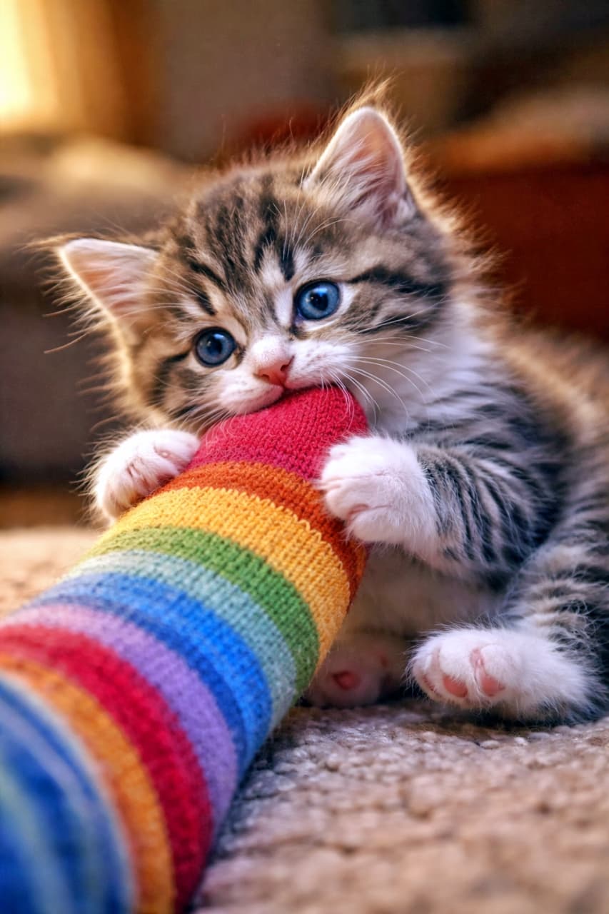 「靴下＝最高のおもちゃ！？つま先を狙う子猫の甘がみ攻撃にキュン必至🐾🧦」A close-up of a playful kitten gently biting the toe of a colorful wool sock indoors under soft lighting. 室内のやわらかな光の中で、カラフルなウール靴下のつま先にじゃれついて優しく噛む子猫のクローズアップ写真