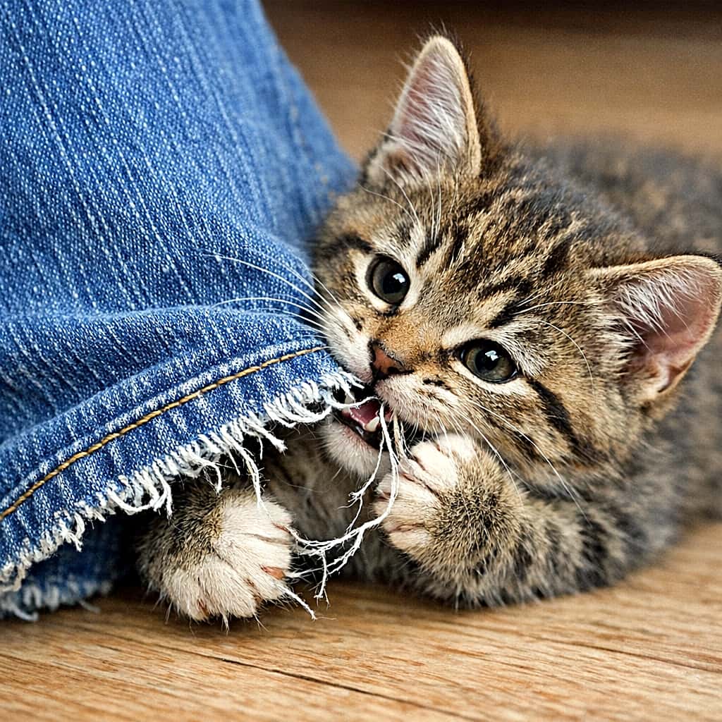 「その糸、気になるの？👖 デニムのほつれをガブガブ攻撃！小さなイタズラっ子にメロメロ🥰💙」Close-up of a tabby kitten lying on a wooden floor, grasping and biting the frayed white threads of a blue denim jean cuff. The denim fabric texture is highly detailed and realistic. 木の床に寝転がり、ブルーデニムのジーンズの裾にあるほつれた白い糸を前足で掴んで噛むキジトラ子猫。デニム生地の質感が非常にリアルに描写されている