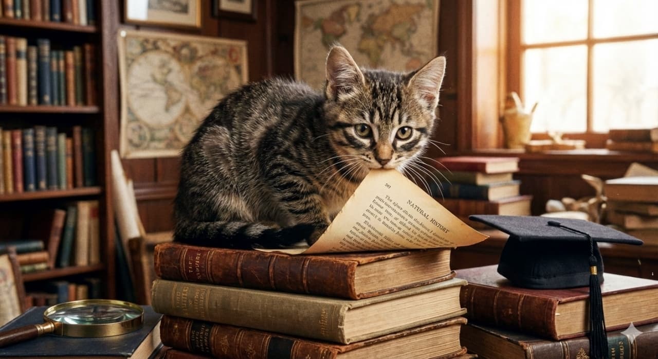 An intelligent-looking tabby kitten with glasses-like facial markings sits atop a stack of old books, gently chewing the corner of a page from “Natural History.” The scholarly setting includes a magnifying glass, graduation cap, and sunlit shelves, evoking a whimsical academic mood. メガネのような模様を持つ賢そうなキジトラの子猫が、古書の山の上に座り、「自然史」のページの角をそっと噛んでいる様子。虫眼鏡や卒業帽、日差しの差し込む本棚が並ぶ学術的な空間が、ユーモラスで知的な雰囲気を醸し出している