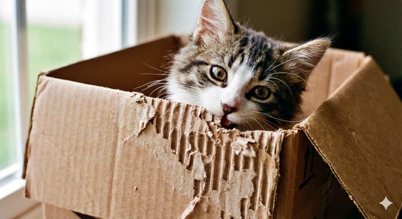 A curious tabby and white kitten peeks its head out of a worn cardboard box, gently teething on the detailed corrugated edge. Natural light from a nearby window highlights the textures and the kitten’s inquisitive gaze. 段ボール箱から顔をのぞかせる好奇心旺盛な白茶の子猫が、波状の縁を優しく噛んでいる。窓から差し込む自然光が、傷んだ段ボールの質感と子猫の興味深げな表情を際立たせている