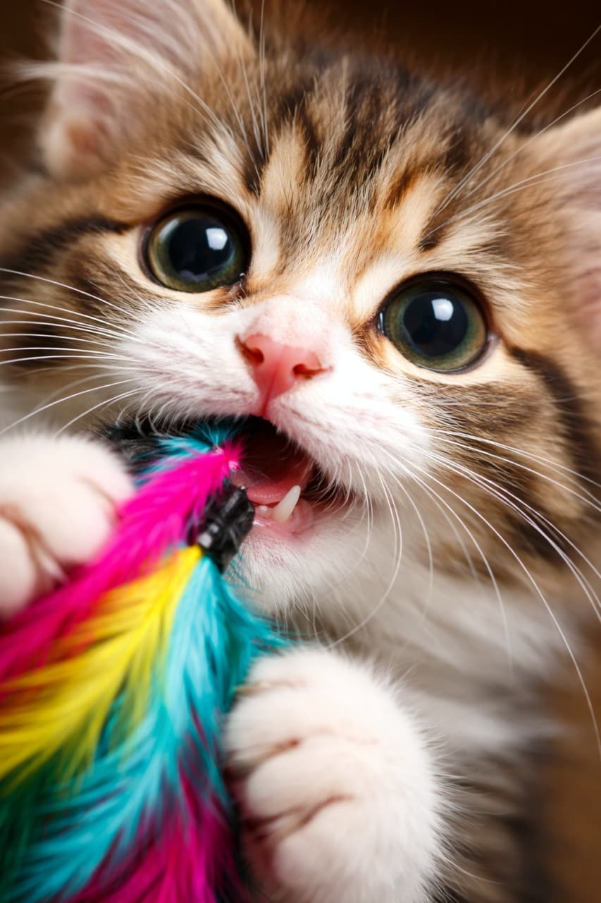 「カラフルな羽に夢中な子猫さん！キラキラの瞳で狙ってパクッ、遊びに全力な姿がたまらなく可愛い瞬間です🐾」An extreme close-up of a playful kitten biting a colorful feather toy, its wide, dilated pupils showing excitement and curiosity. カラフルな羽のおもちゃにかぶりつく子猫の超接写。興奮で大きく開いた瞳が印象的な一瞬