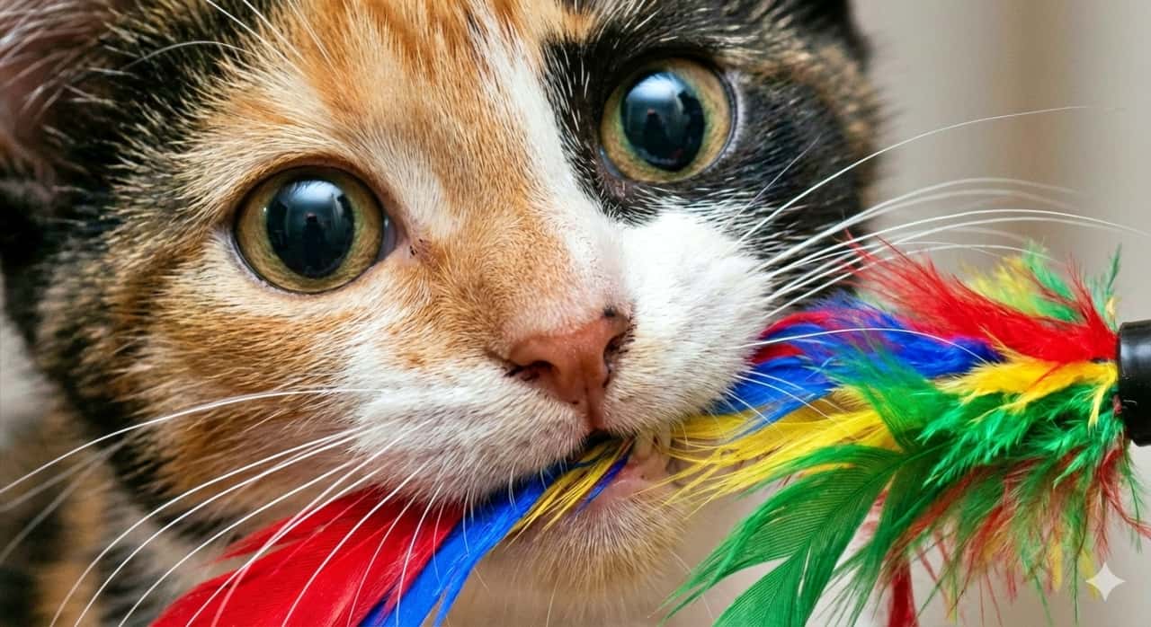 Extreme close-up of a calico kitten’s face with dilated pupils, intently mouthing the soft barbs of a colorful feather toy. The vivid red, blue, yellow, and green feathers contrast against its fur, capturing a moment of playful focus. 瞳孔が大きく開いた三毛猫の子猫が、カラフルな羽根のおもちゃを真剣な表情で口にくわえている顔の超接写。赤・青・黄・緑の鮮やかな羽根が毛並みに映え、遊びに夢中な一瞬を捉えている