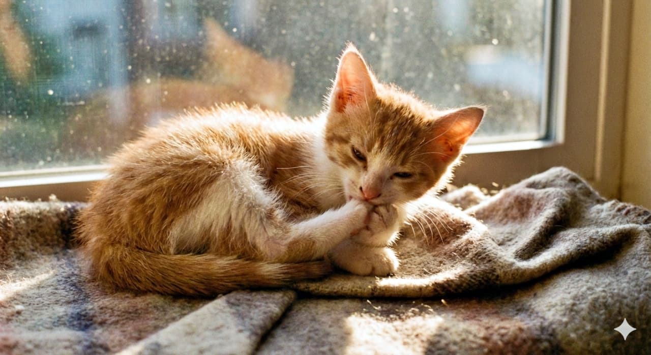 A drowsy orange-and-white kitten lies on a blanket near a sunlit window, mouthing its front paw mid-groom. The golden-hour light softly illuminates its fur, creating a peaceful and intimate domestic moment. 日差しの差し込む窓辺で、オレンジと白の子猫が毛づくろいの途中で前足を口に運びながら、ブランケットの上にうとうと横たわっている。ゴールデンアワーの光が毛並みを優しく照らし、家庭的で静かなひとときを演出している