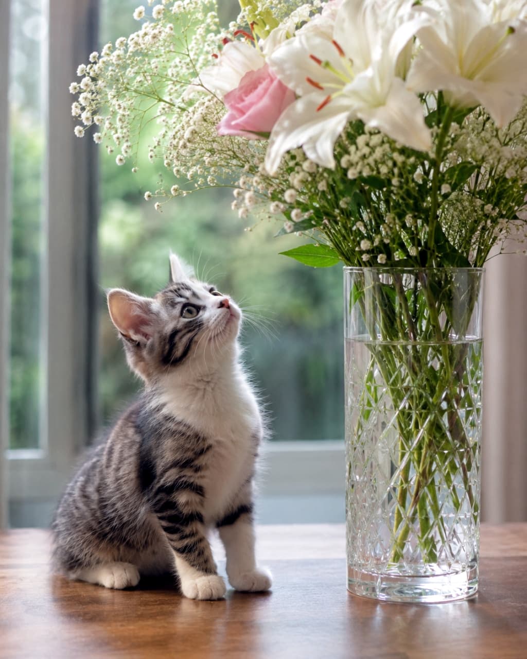 「このいい匂いはにゃんだろう？🌸お花とおしゃべりしてるみたいで癒される〜🥰 #子猫 #お花と猫 #猫との暮らし」Ultra-realistic high-quality photograph of a curious silver tabby kitten looking up at a large bouquet of lilies and roses in a glass vase. 窓辺のテーブルで、ガラスの花瓶に生けられたユリなどの大きな花束を不思議そうに見上げるサバ白の子猫の高画質写真