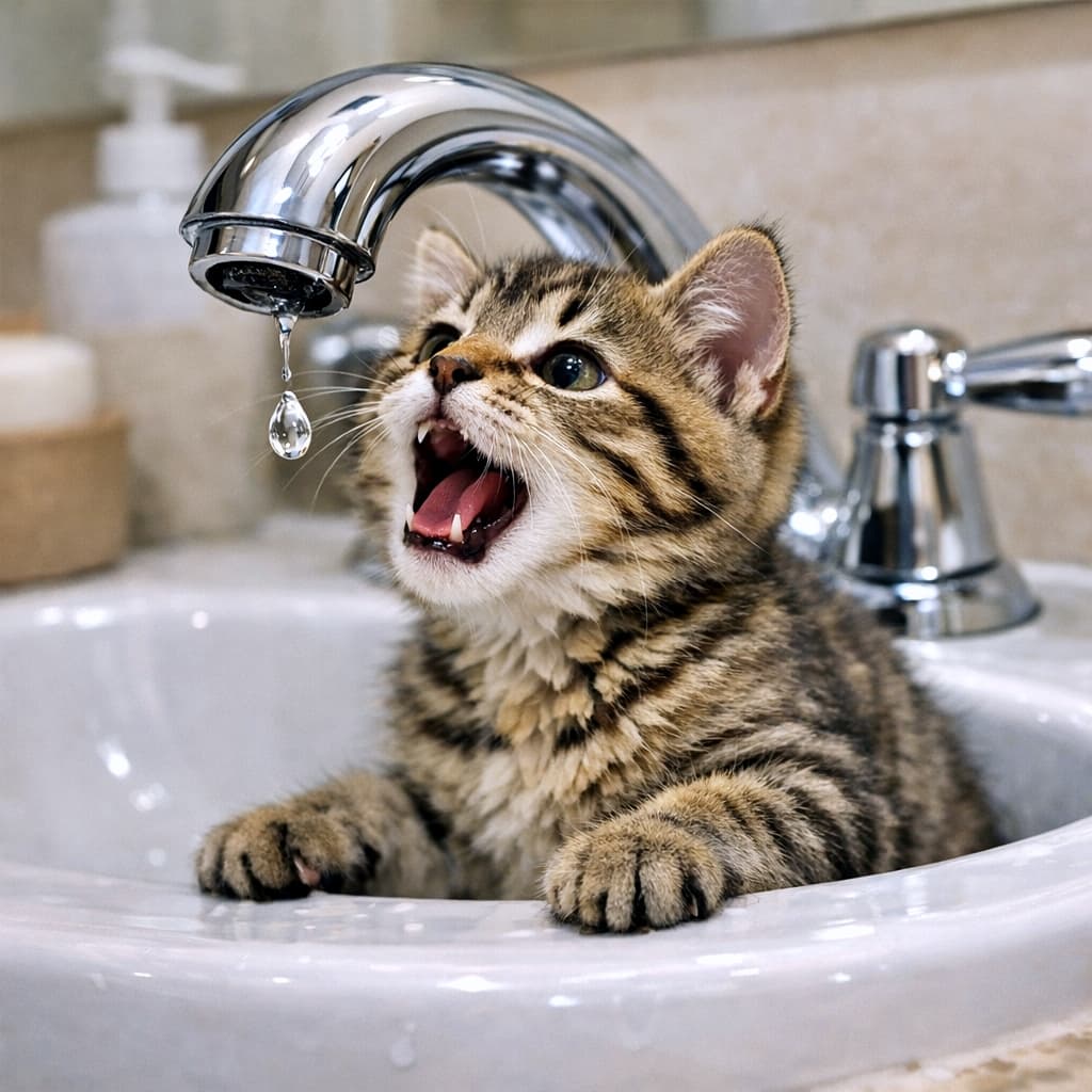 「あーん！💧 落ちてくる雫をナイスキャッチできるかな？真剣すぎる大きなお口にキュン🥰🚰」Close-up of a tabby kitten in a white sink with its mouth wide open, eagerly waiting to catch a single water droplet falling from a chrome faucet. 白いシンクの中で、蛇口から落ちてくる水滴を捕まえようと、大きく口を開けて待ち構えるキジトラ子猫のクローズアップ。真剣な眼差しと開いた口が愛らしい