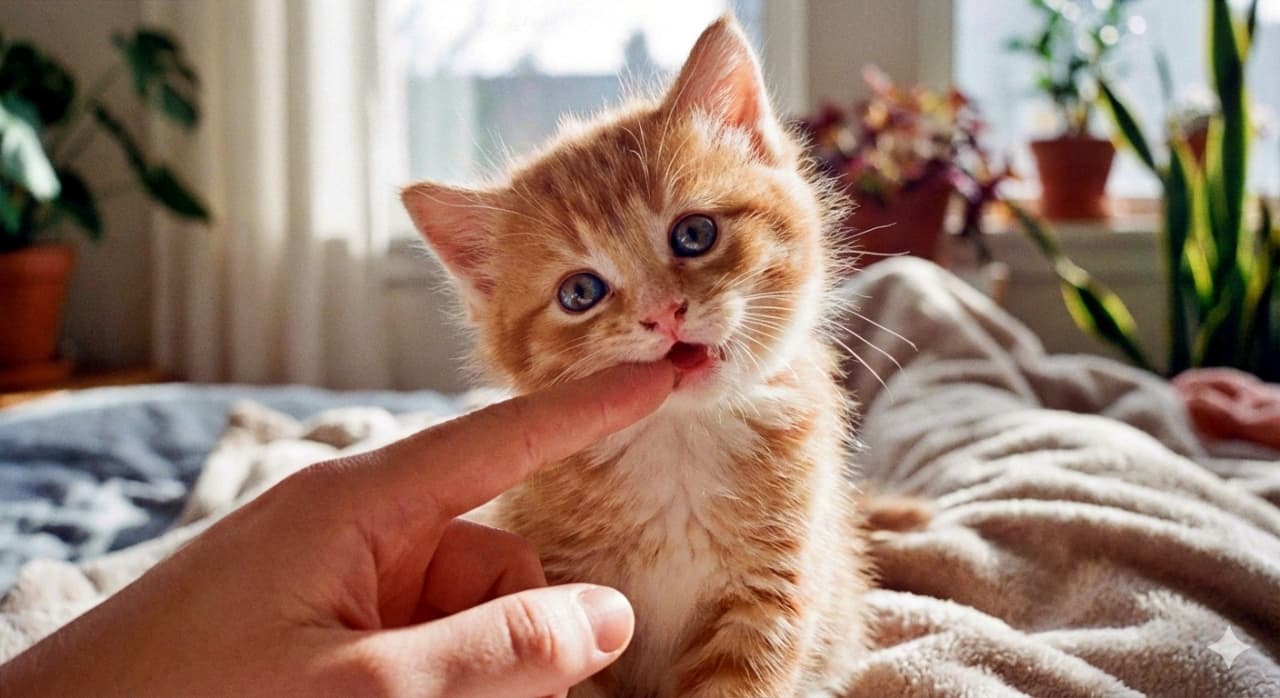 A photorealistic close-up of a tiny orange and white kitten gently nibbling on a person’s index finger. Its wide blue eyes reflect curiosity and innocence. Soft morning light fills the cozy room, highlighting the tender interaction on a blanket. オレンジと白のふわふわな子猫が、人の人差し指を優しくかじるフォトリアルな接写。青く大きな瞳に好奇心と無垢さが宿る。やわらかな朝の光が部屋を包み、毛布の上の繊細なふれあいを際立たせる