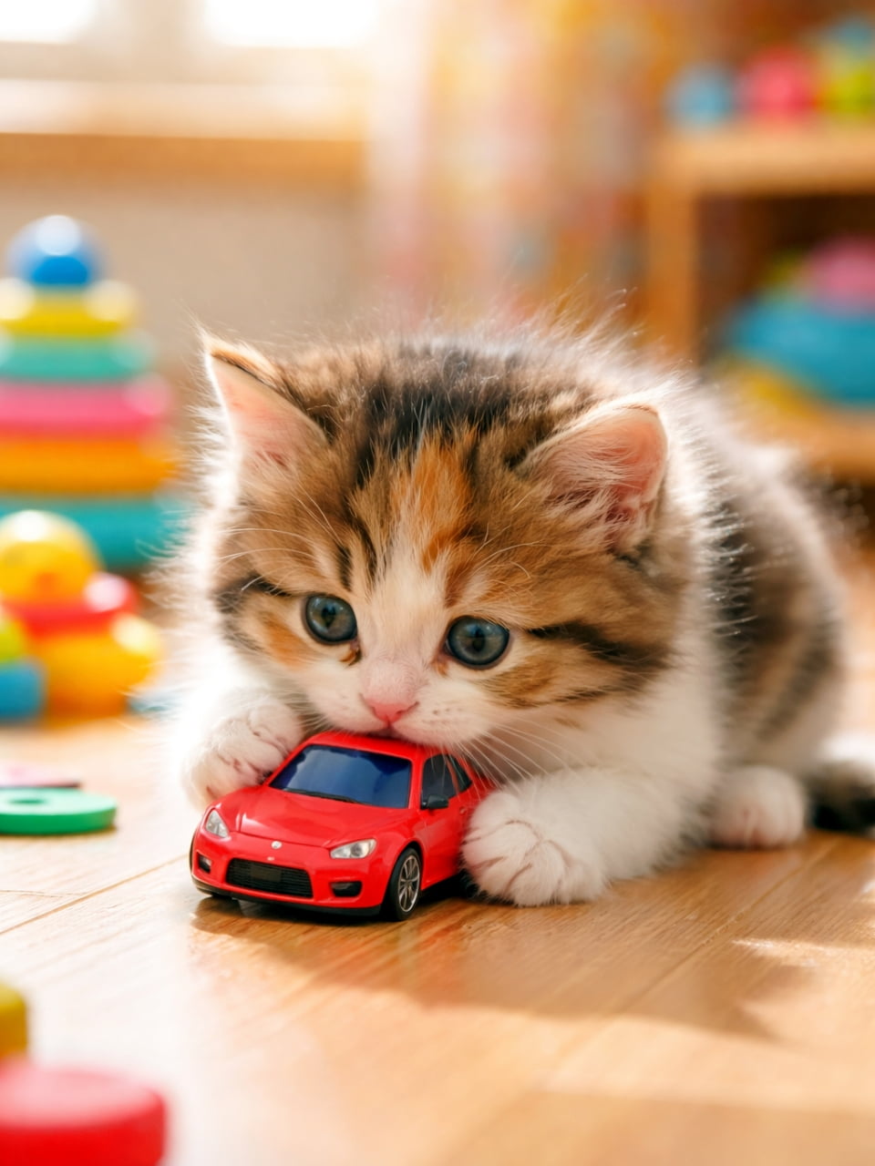 「小さな車に夢中な子猫さん🚗気になるものはまずカミカミ！無邪気な仕草に思わず笑顔がこぼれる、ほっこり癒やしのひとコマです🐾」A fluffy tricolor kitten crouching on a wooden floor, curiously nibbling on a small red toy car in a bright and playful indoor setting. 明るく楽しい室内で、木の床にしゃがみ込み、小さな赤いおもちゃの車を興味津々でかじるふわふわの三毛の子猫