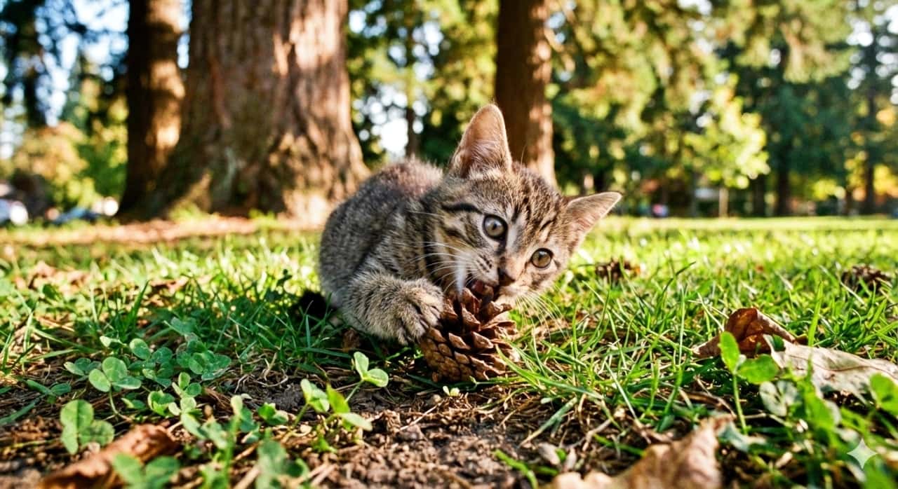 An adventurous tabby kitten plays with a dry pinecone on a patch of green grass in a sunlit park, attempting to bite it. The low-angle perspective highlights the kitten’s curious expression and the natural surroundings. 日差しの差し込む公園の芝生の上で、冒険心あふれるキジトラの子猫が乾いた松ぼっくりを前足で転がしながら噛もうとしている様子。ローアングルの構図が子猫の好奇心と自然の雰囲気を際立たせている