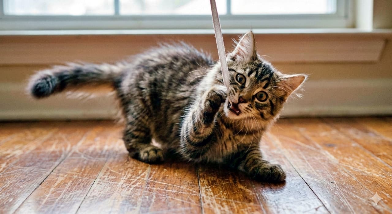A photorealistic close-up of a playful tabby kitten pouncing on a dangling white shoelace, biting it with excitement. The wooden floor and natural light enhance the scene, while motion blur on the tail suggests energetic movement. 白い靴ひもに飛びつき、夢中でかじるキジトラ子猫のフォトリアルな接写。木の床と自然光が場面を引き立て、しっぽの動きのブレが元気いっぱいの動作を物語る
