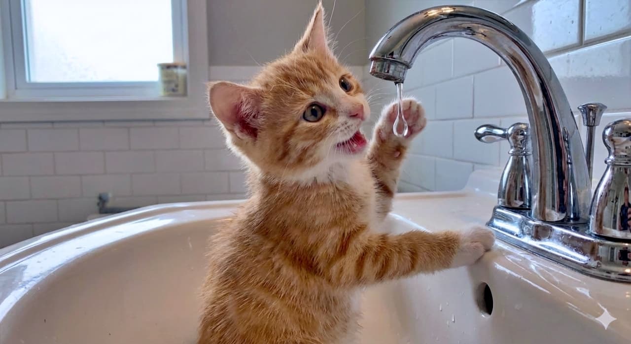 A curious orange-and-white kitten stands in a white bathroom sink, reaching up to catch a glistening water droplet falling from a chrome faucet. The clean, tiled background and soft daylight enhance the playful and inquisitive mood. 白い洗面台の中で、オレンジと白の子猫が蛇口から落ちるきらめく水滴を捕まえようと前足を伸ばしている様子。清潔感のあるタイル壁と柔らかな自然光が、子猫の好奇心と遊び心を引き立てている