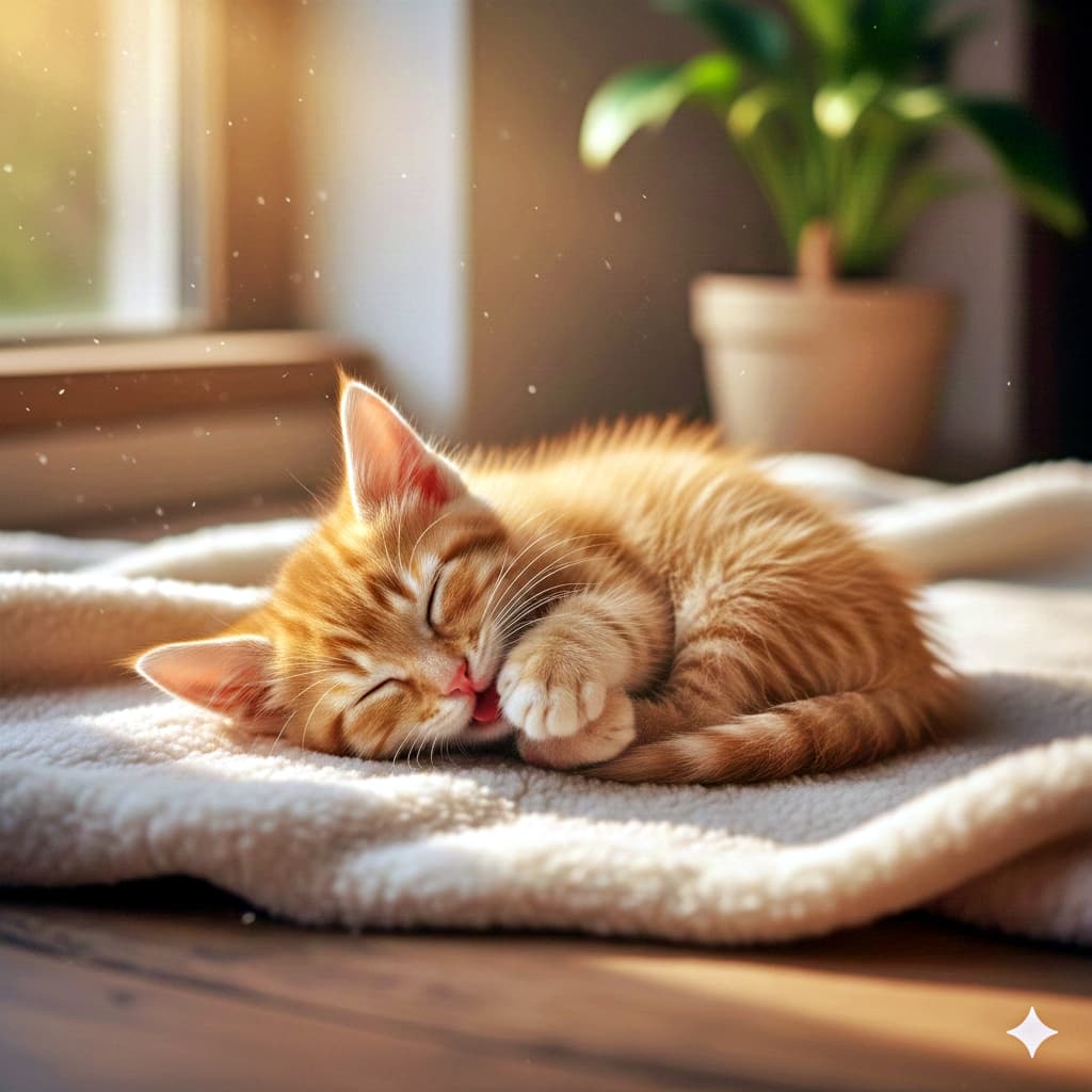 A curled-up orange tabby kitten sleeps soundly on a cream-colored blanket, its paw near its mouth. Golden-hour sunlight filters through the window, illuminating floating dust and a nearby potted plant, evoking warmth and serenity. クリーム色のブランケットの上で丸くなって眠る茶トラの子猫が、前足を口元に添えている。窓から差し込むゴールデンアワーの光が、舞う埃やそばの観葉植物を照らし、温かく穏やかな空気感を醸し出している
