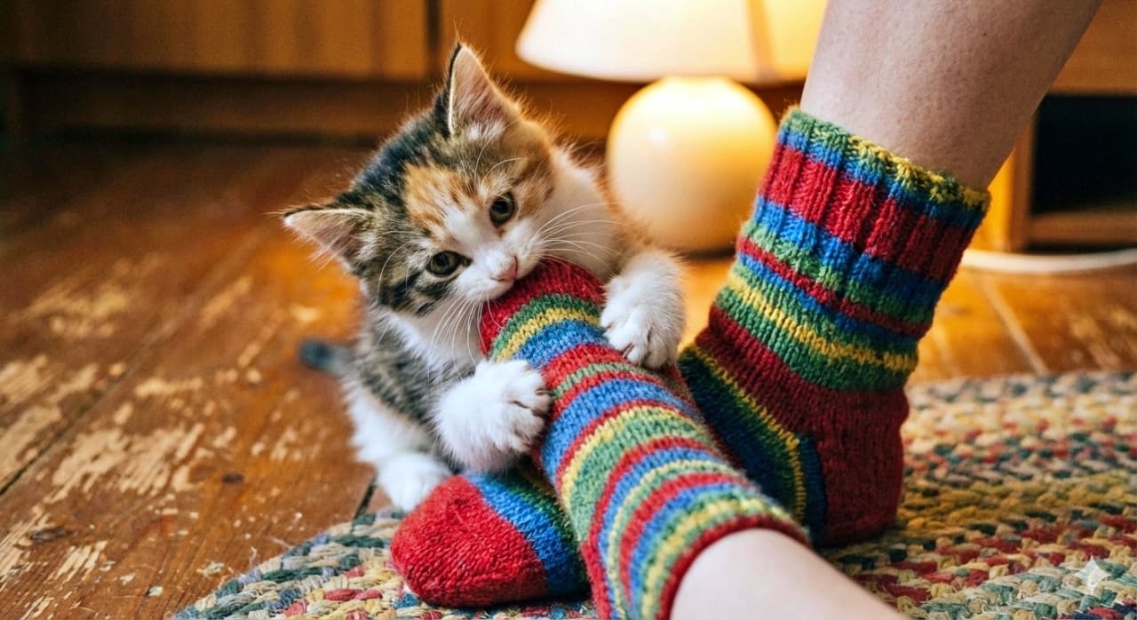 A playful kitten grabs and gently bites the toe of a person's colorful striped wool sock. The close-up scene is softly lit indoors, with a warm wooden floor and cozy furnishings in the background. カラフルな縞模様のウールソックスを履いた人の足先を、子猫がじゃれるように優しく噛んでいる。室内の柔らかな照明に包まれたクローズアップの一瞬で、木の床や家具が温もりある雰囲気を添えている