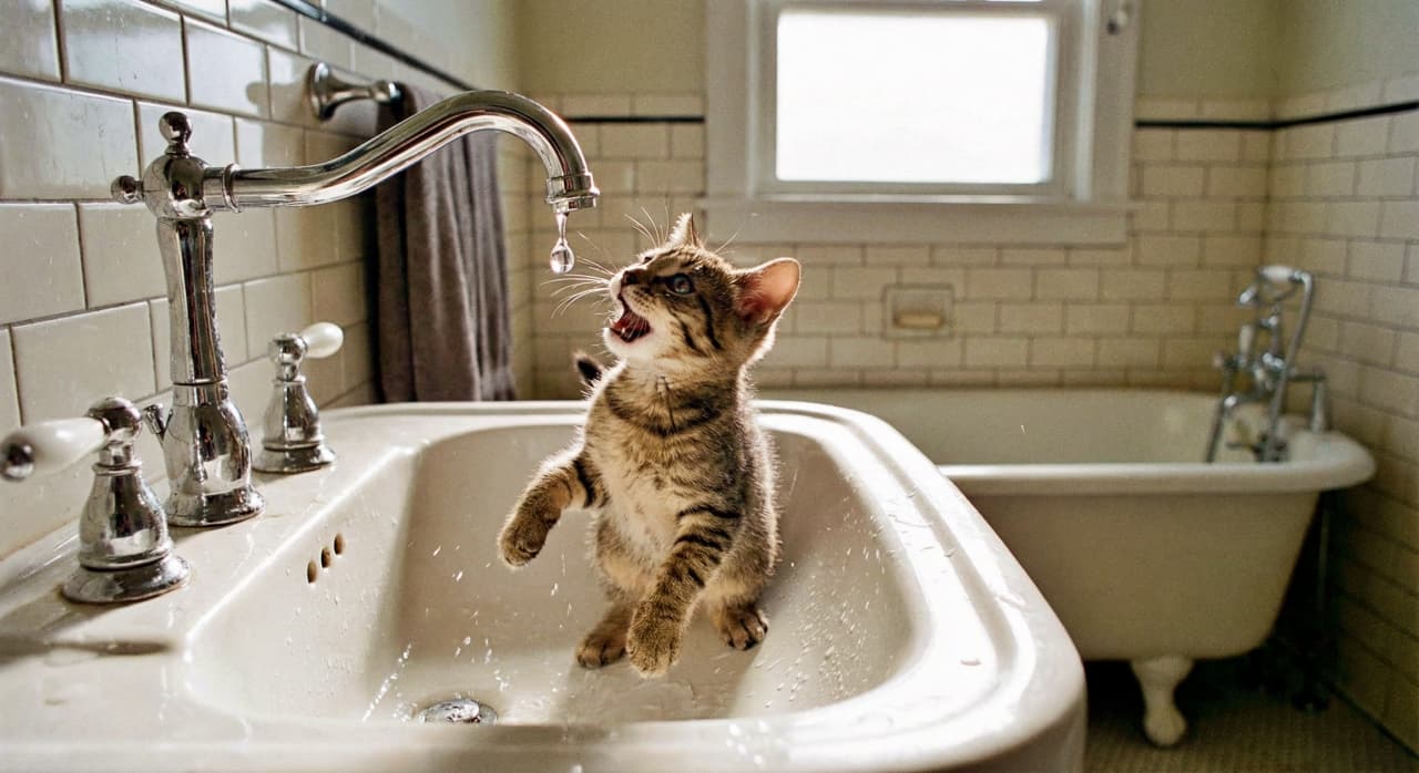 「お水ちょーだい！🚰 シンクの中で立ち上がって猛アピール🐈 ポタポタ落ちる雫との戦いだ〜👊✨」Wide shot of a tabby kitten standing on its hind legs inside a vintage bathroom sink, reaching up with its mouth open towards a dripping faucet. A bathtub and window are visible in the background. ヴィンテージ風のバスルームで、シンクの中に後ろ足で立ち上がり、蛇口から落ちる雫に向かって精一杯背伸びをするキジトラ子猫