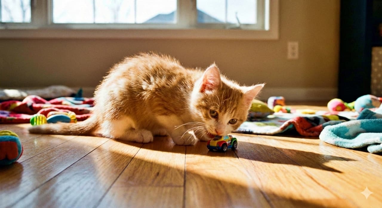 A curious orange-and-white kitten crouches on a sunlit wooden floor, gently nibbling a small colorful toy car. Scattered toys and blankets enhance the bright, playful atmosphere. 日差しの差し込む木の床で、オレンジと白の子猫が小さなカラフルなおもちゃの車をくんくんと噛んでいる様子。周囲にはおもちゃや毛布が散らばり、明るく遊び心のある雰囲気が広がっている