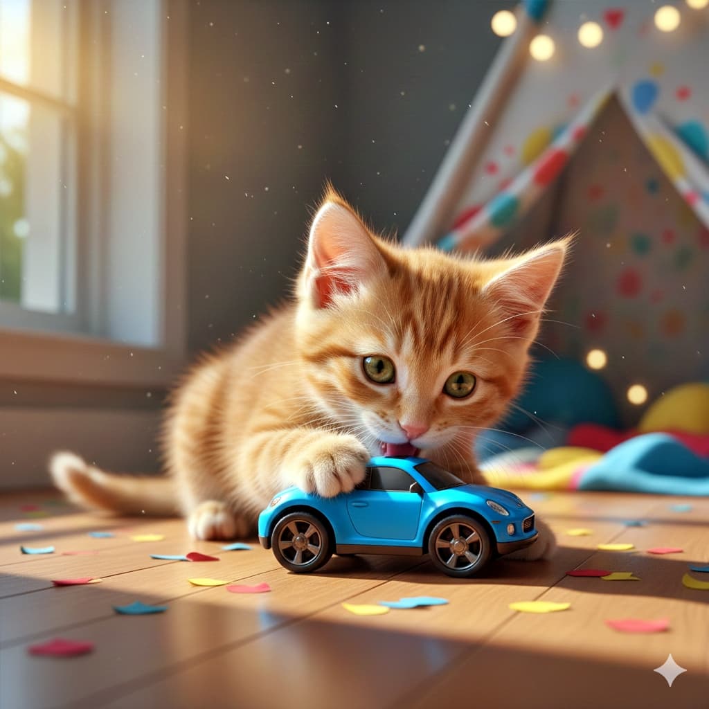A curious orange tabby kitten crouches on a wooden floor, gently nibbling a small blue toy car. The scene is bright and playful, with scattered confetti, a polka-dot play tent, and soft natural light enhancing the cheerful indoor atmosphere. 木の床にうずくまる茶トラの子猫が、小さな青いおもちゃの車を興味津々に噛んでいる。カラフルな紙吹雪や水玉模様のプレイテント、柔らかな自然光が、明るく遊び心あふれる室内の雰囲気を引き立てている