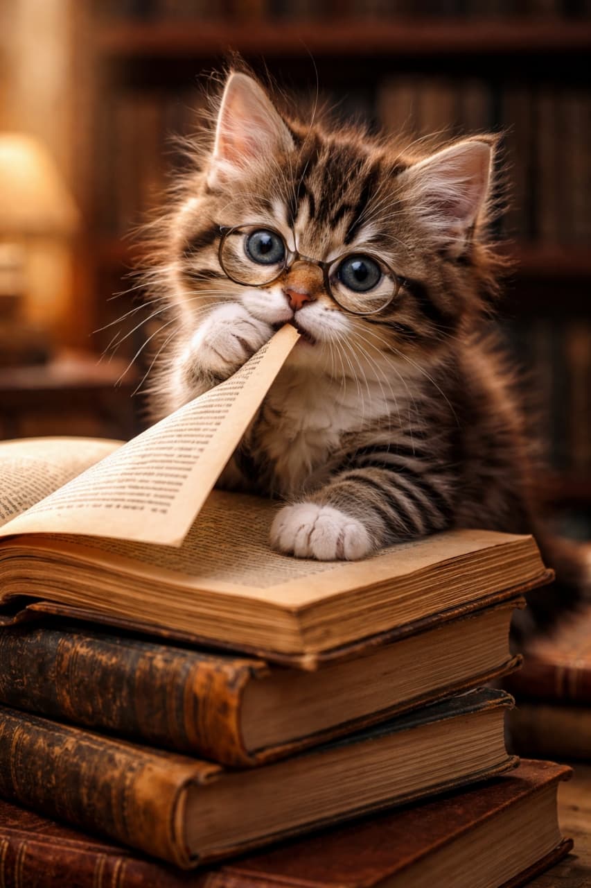 「読書中…ではなくページをカミカミ中！？知的な表情といたずら心が同居した子猫のかわいいひとコマ📚🐾」A fluffy tabby kitten with glasses-like markings sits on a stack of old books, gently chewing the corner of a page in a warm, cozy study. メガネのような模様を持つふわふわのキジトラ子猫が、古い本の上に座り、本のページの端をそっと噛んでいる温かみのある室内の様子