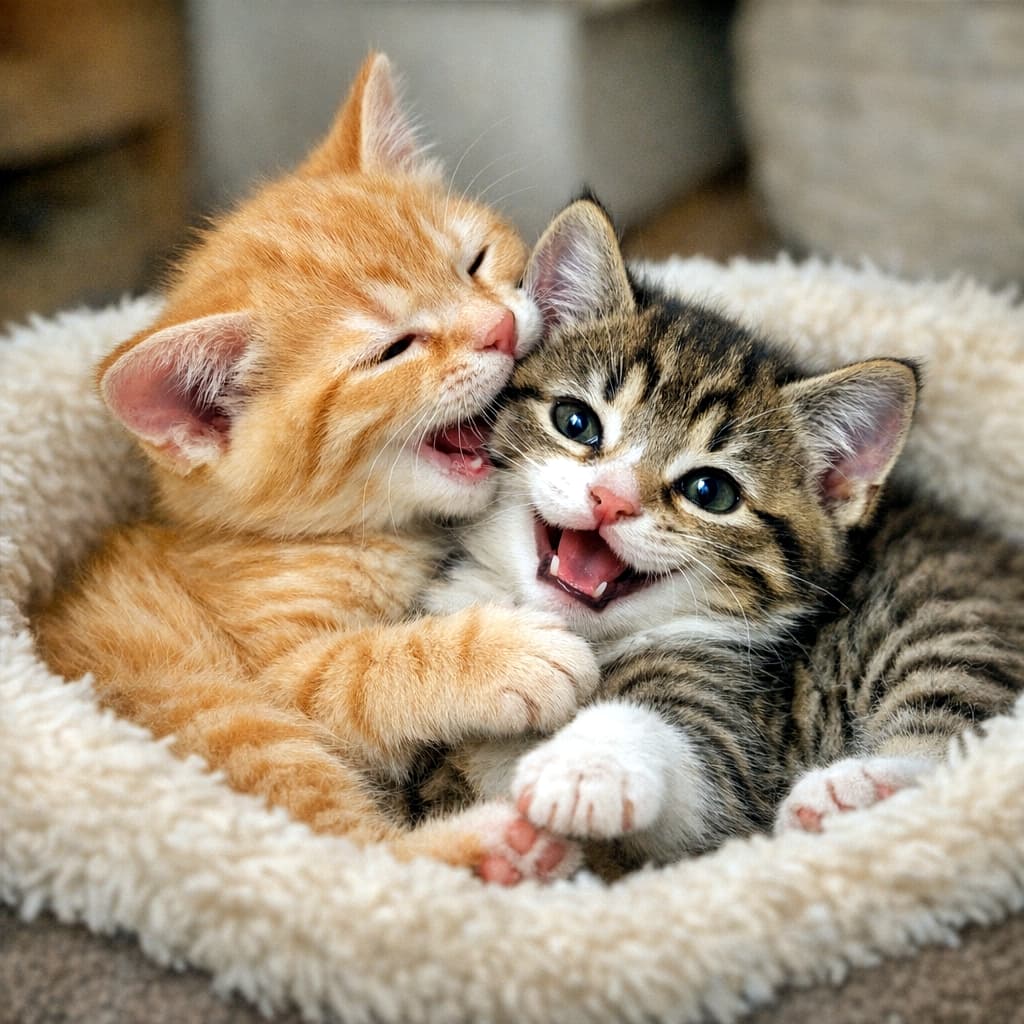 「耳をカプッ！「参ったニャ〜😹」仲良し兄弟のプロレスごっこ💕 最高の笑顔に癒やされる〜🐾✨」Close-up of two playful kittens wrestling in a fluffy white cat bed. An orange tabby kitten is gently nibbling on the ear of its tabby sibling, who has its mouth open in a happy, playful expression. ふわふわの白いベッドの中でじゃれ合う2匹の子猫のクローズアップ。茶トラの子猫が兄弟のキジトラの耳を優しく甘噛みしており、キジトラは口を開けて楽しそうな表情を浮かべている