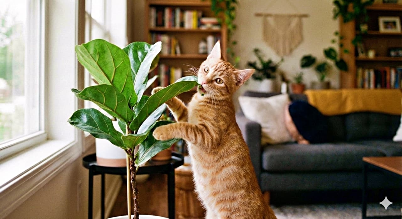A mischievous orange tabby kitten stands on its hind legs, nibbling a shiny green leaf of a fiddle-leaf fig. Behind it, a cozy living room with soft lighting, a gray couch, and bookshelves creates a warm, blurred backdrop. いたずら好きな茶トラの子猫が後ろ足で立ち、フィドルリーフフィグの艶やかな緑の葉をかじっている。背景には柔らかな光が差し込むリビングルームがぼんやりと映り、グレーのソファや本棚が温かみのある雰囲気を演出している
