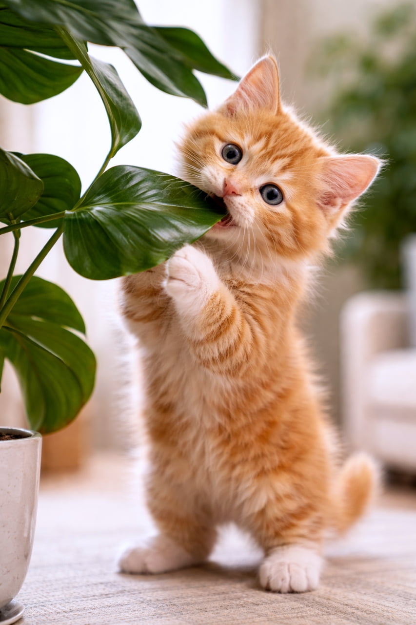 「観葉植物の葉っぱに夢中な子猫、ついに立ち上がってパクッ！やんちゃ全開のしぐさに思わず笑顔になる一瞬📸✨」A fluffy orange tabby kitten standing on its hind legs, playfully nibbling a shiny green houseplant leaf in a softly blurred living room. 後ろ足で立ち上がり、つやのある観葉植物の葉をいたずらっぽくかじる茶トラの子猫。背景はやわらかくぼかされたリビング