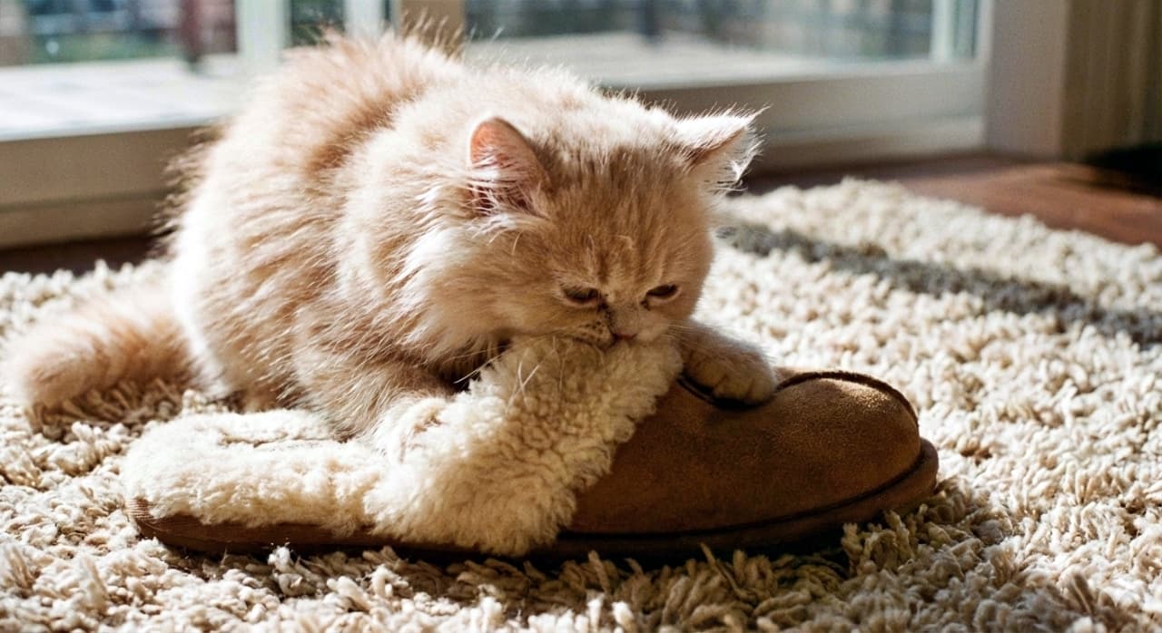 A fluffy Persian kitten lies on a soft beige rug, gently biting the “ear” of a fur-lined slipper. The sunlight highlights the rich textures of the kitten’s coat and the slipper, creating a warm and cozy scene. ふわふわのペルシャ子猫が柔らかなベージュのラグの上で、毛皮付きスリッパの“耳”部分を優しく噛んでいる様子。日差しが子猫の毛並みとスリッパの質感を際立たせ、温かく心地よい雰囲気を演出している