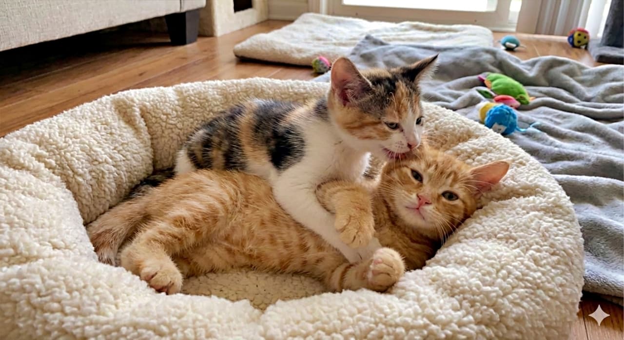Two playful kittens cuddle in a plush cream-colored pet bed. The calico kitten gently nibbles the ear of its orange tabby sibling, both appearing content and relaxed. Scattered toys and blankets on the wooden floor add to the cozy indoor atmosphere. ふわふわのクリーム色のペットベッドでじゃれ合う2匹の子猫。三毛猫が茶トラの兄弟の耳を優しくかじり、どちらも幸せそうで穏やかな表情を浮かべている。木の床にはおもちゃや毛布が散らばり、室内の温もりある雰囲気を演出している