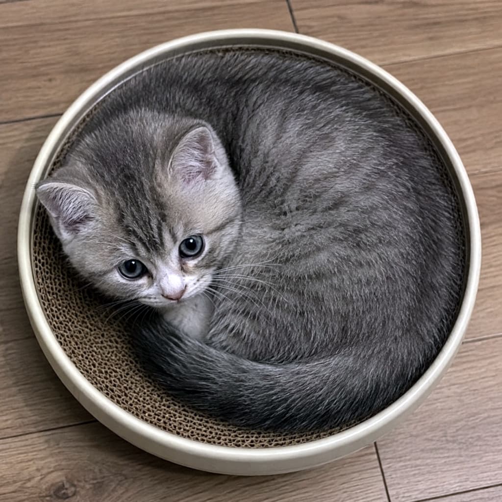 「ここが一番落ち着くのにゃ🐾見事なニャンモナイト、完成です！🌀✨ #子猫 #ニャンモナイト #サバトラ」Ultra-realistic high-quality photograph of a silver tabby kitten curled up comfortably in a round cardboard scratcher bowl, looking up. 丸いすり鉢状の爪とぎベッドの中にすっぽりと収まり、体を丸めて上目遣いでこちらを見るサバトラの子猫の高画質写真