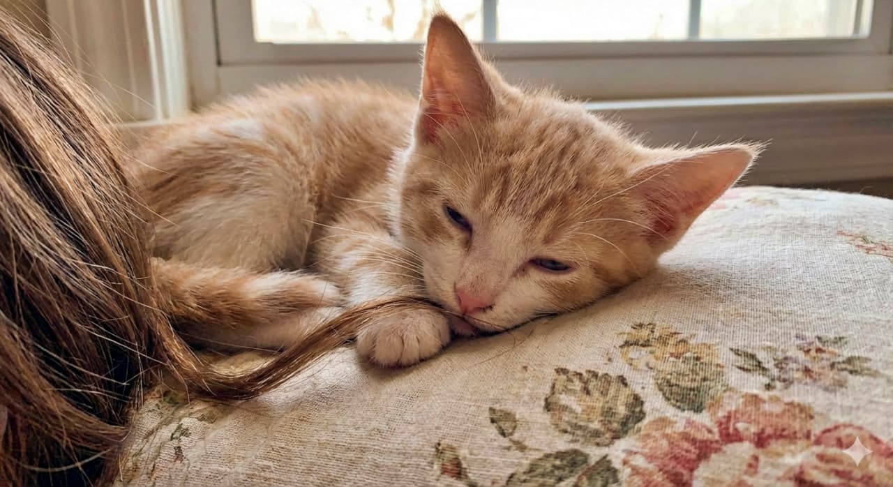 A sleepy light orange tabby kitten lies on a floral cushion near a softly lit window, gently chewing on a strand of its owner's long brown hair. Its eyes are half-closed, and one paw holds the hair tenderly, creating a peaceful and intimate moment. 眠そうな淡い茶色のトラ猫の子猫が、花柄のクッションの上でくつろぎながら、飼い主の長い茶色の髪の毛を優しく噛んでいる。窓からの柔らかな自然光に包まれ、片目を閉じた表情と毛を握る前足が、穏やかで親密なひとときを演出している