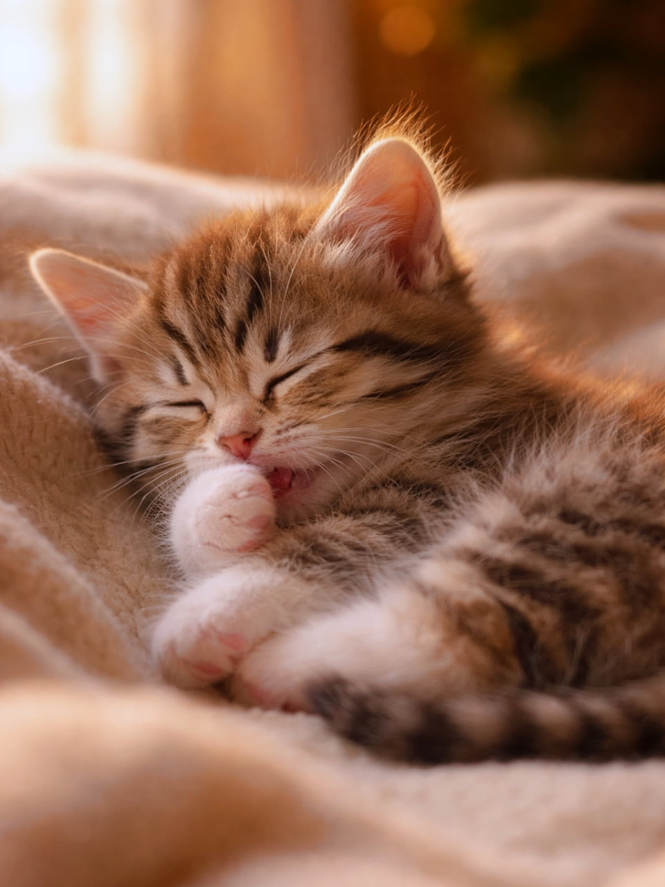 「うとうとしながら前足をくわえる子猫のしぐさが愛らしい一枚。やわらかな夕方の光に包まれた、ほっとする癒やしの時間です🐾」A sleepy tabby kitten curled up on a soft blanket, gently mouthing its front paw in warm golden-hour light. 暖かなゴールデンアワーの光の中、柔らかいブランケットの上で丸くなり、前足をくわえながらうとうとする子猫