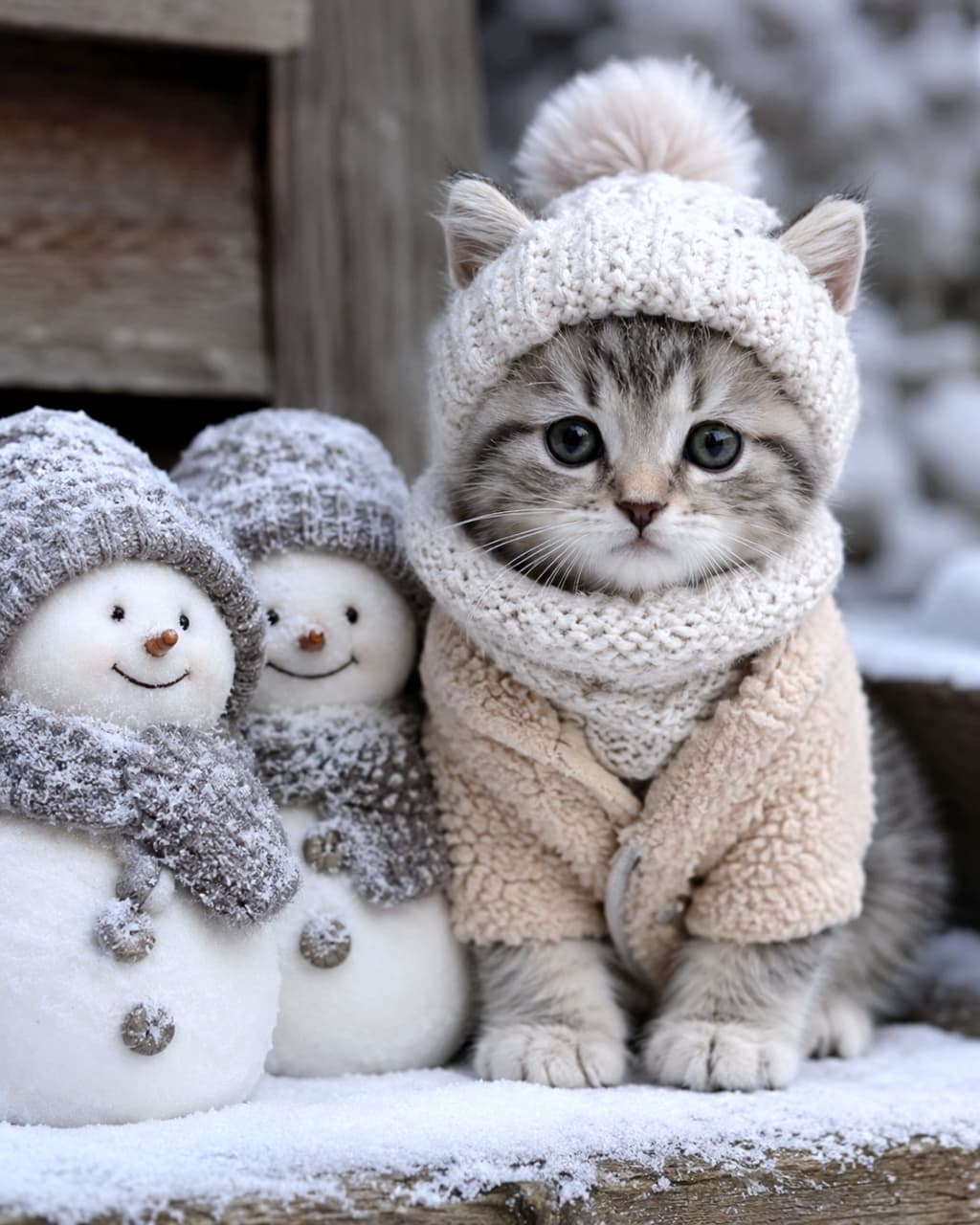 「すっかり冬支度☃️✨もこもこセーターがお似合いでしょ？❄️ #冬コーデ #猫のいる暮らし #雪だるま」Ultra-realistic high-quality photograph of a cute tabby kitten wearing a warm knit hat and sweater, sitting on the snow next to two small snowmen in a winter setting. 暖かそうなニットの帽子とセーターを着たキジトラの子猫が、2つの小さな雪だるまと一緒に雪の上に座っている様子。背景は雪景色