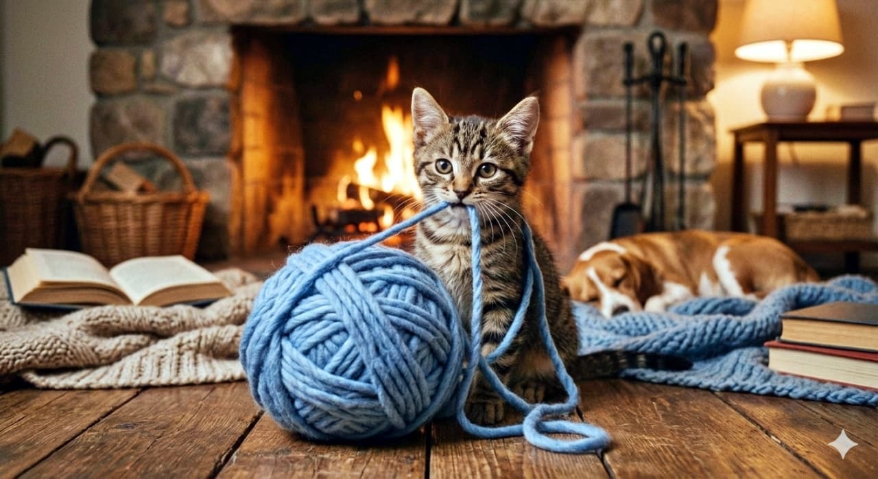 A focused tabby kitten sits on a wooden floor, tangled in a ball of soft, chunky blue yarn and biting one of the strands. Behind it, a lit stone fireplace, cozy blankets, and a resting dog create a warm, homely atmosphere filled with books and soft lighting. 木の床に座る茶トラの子猫が、ふわふわで太めの青い毛糸玉に絡まりながら、糸の一本を噛んでいる。背景には石造りの暖炉が灯り、毛布や本、穏やかに眠る犬が温かく家庭的な雰囲気を演出している